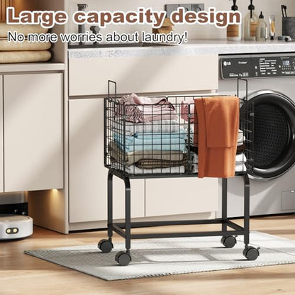 Wire Laundry Hamper Cart,Rolling Laundry Carts with Pull Handle,Black Tall Laundry Basket,Commercial Wire Laundry Hamper Cart-23.6 * 15.75 * 28 inches - color: Black, size: 23.6*15.75*27.95inch