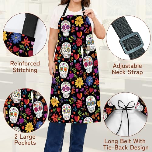 Cooking Aprons for Men and Women,Adjustable Bib Chef Apron with 2 Pockets, Soft and Durability Kitchen Apron - color: Mexican Skull Sugar Skull Day of the Dead