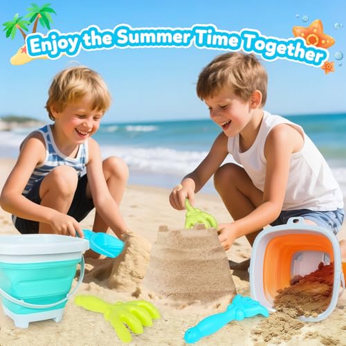 GKDOMS Kids Beach Toys Set with Collapsible Bucket, Sand Rake and Shovel - color: Two Mix