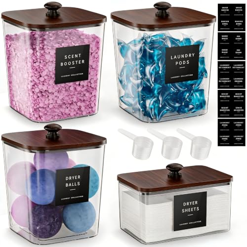 3+1 Pack Brown Laundry Pods Container, Clear Laundry Room Organization Containers Essentials, Large Detergent Powder Storage Containers Wooden Lids & Labels Signs - color: Brown, size: 3+1 pack