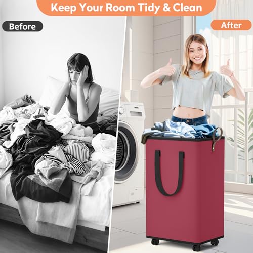 SpaceTrove Rolling Laundry Basket with Wheels, Laundry Hamper, 80L, Red - color: Red, size: 80L