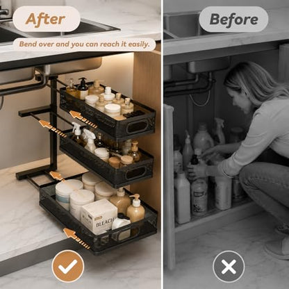 3-Tier Under Sink Organizer 2-Pack Organization for Bathroom Kitchen,Black - color: Black