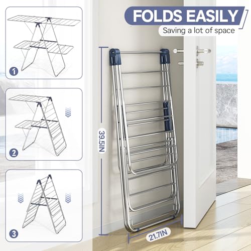 APEXCHASER Large Stainless Steel Clothes Drying Rack with 4 Wings - color: Regular Blue, size: 4 Wings