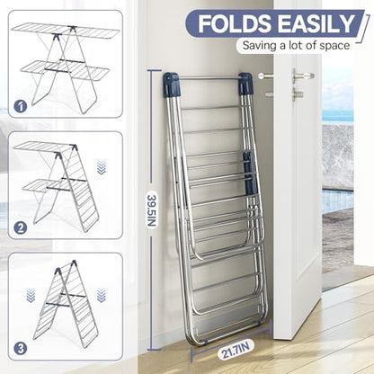 APEXCHASER Large Stainless Steel Clothes Drying Rack with 4 Wings - color: Regular Blue, size: 4 Wings