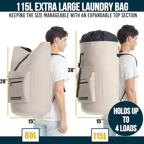 Laundry Bag Extra Large 115l, Heavy Duty Laundry Backpack, College Laundry Bag with Straps, Backpack Laundry Bags with 4 Pockets, Dorm Essential, Laundry Bags for Dorm Room, Apartment, Laundromat - color: Khaki