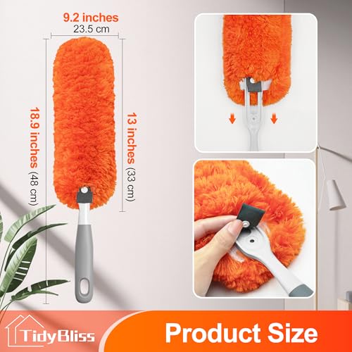 TidyBliss Microfiber Duster for Cleaning, Washable & Reusable Handheld Dust Cleaner Tool, Lint-Free Dusting Wand for Home, Office, Car, Furniture, Blinds, Keyboard, Cobweb Removal (Orange)