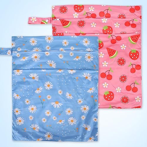 2pcs Travel Waterproof Laundry Bag, Cloth Diaper Wet Dry Bags with Handle & 2 Zipper Pockets, Reusable Washable Dirty Clothes Bag for Baby Adult Travelling Hanging, Bathing Beach Pool Daycare - color: Cartoon 2 Blue + Pink