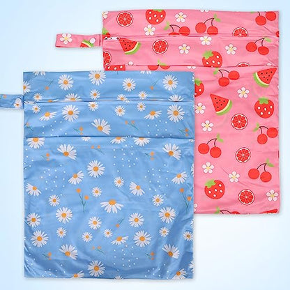 2pcs Travel Waterproof Laundry Bag, Cloth Diaper Wet Dry Bags with Handle & 2 Zipper Pockets, Reusable Washable Dirty Clothes Bag for Baby Adult Travelling Hanging, Bathing Beach Pool Daycare - color: Cartoon 2 Blue + Pink