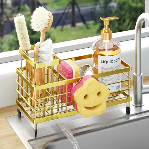 HapiRm Sink Caddy Sponge Holder - Self-draining Kitchen Sink Organizer with Smiley Face and Brush Holder, Stainless Steel Kitchen Organizer for Countertop - Gold - color: Gold, size: with Smiley Face Sponge Holder（single）