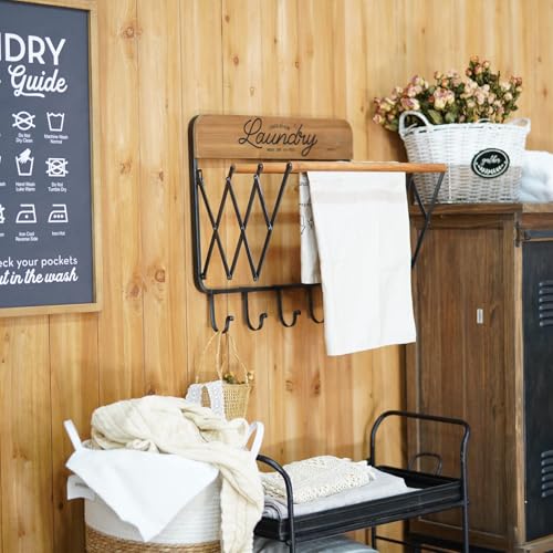 SOFFEE DESIGN Accordion Laundry Rack, Retractable Wall Mounted Racks, 3 Bars & 5 Hooks for Drying Rack Hanging Towels Clothes Save Space Perfect for Laundry Room, Bathroom, Mudroom, Wall Decor