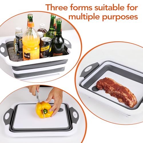 QiMH Collapsible BBQ Prep Tub, Picnic Basket with Lid Foldable Dish Basin, Washing and Draining Veggies Fruits, Food Grade Portable Cutting Board for Camping, Traveling, and Kitchen - color: Gray