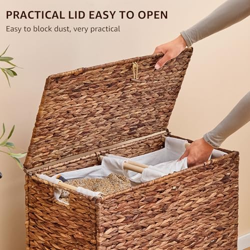 Large Laundry Hamper with Lid and 2 Removable Liner Bags, Natural Handwove Water Hyacinth Clothes Hamper,Wicker Laundry Basket, Foldable, Heightened Feet,Rattan Clothes Laundry Basket - color: Espresso, size: 120L