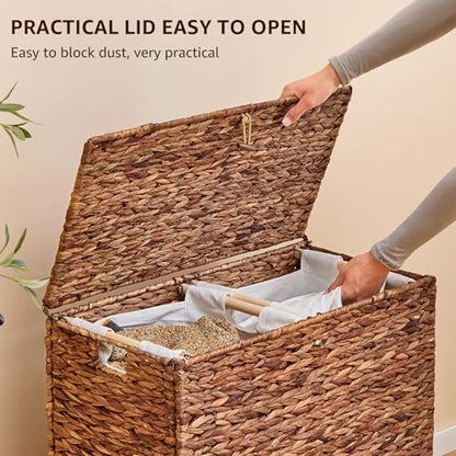 Large Laundry Hamper with Lid and 2 Removable Liner Bags, Natural Handwove Water Hyacinth Clothes Hamper,Wicker Laundry Basket, Foldable, Heightened Feet,Rattan Clothes Laundry Basket - color: Espresso, size: 120L