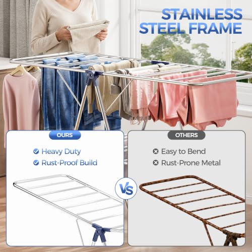APEXCHASER Large Stainless Steel Clothes Drying Rack, Generous Drying Area - color: Matte Blue, size: 4 Wings