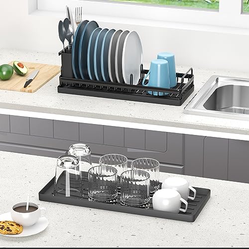 CHLORYARD Small Dish Drying Rack, Compact Sink Dish Drainer Plate Organizer with Utensil Holder and 2pcs Silicone Drying Mats for Kitchen Counter, RVs, Apartments