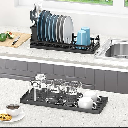 CHLORYARD Small Dish Drying Rack, Compact Sink Dish Drainer Plate Organizer with Utensil Holder and 2pcs Silicone Drying Mats for Kitchen Counter, RVs, Apartments
