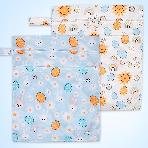 2pcs Travel Waterproof Laundry Bag, Cloth Diaper Wet Dry Bags with Handle 2 Zipper Pockets Washable Dirty Clothes Travelling Hanging Bathing Beach Daycare Yoga Gym Sports Exercise Swimsuits - color: Cartoon 3 White + Blue