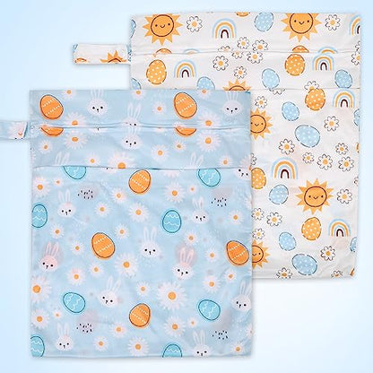 2pcs Travel Waterproof Laundry Bag, Cloth Diaper Wet Dry Bags with Handle 2 Zipper Pockets Washable Dirty Clothes Travelling Hanging Bathing Beach Daycare Yoga Gym Sports Exercise Swimsuits - color: Cartoon 3 White + Blue
