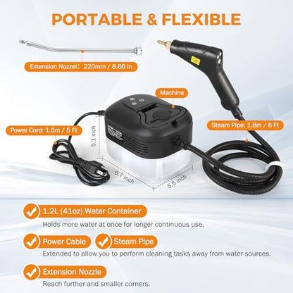 BEAMNOVA High Pressure Steamer for Auto Detailing, 1.2L Car Steam Cleaner - color: Black