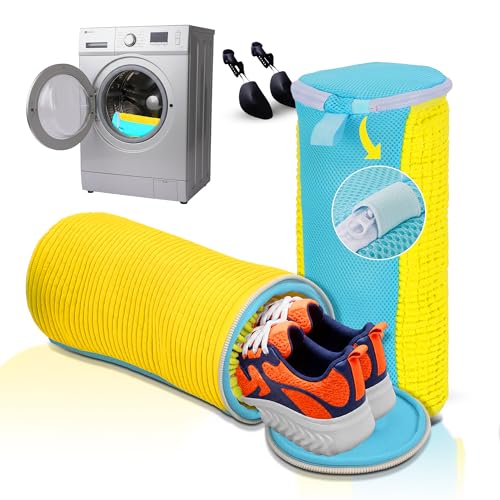 Shoe Washing Bag for Washer and Dryer, Sneaker Cleaning Kit for Washing Machine, Reusable Mesh Laundry Bag for Shoes with Premium Zipper, 360° Deep Clean with adjustable | Pack of 2 - color: Yellow Cylindrical Bag