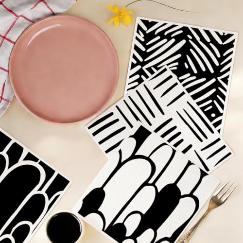 6 Pack Swedish Dishcloths Black White Geometric Kitchen Towels 06 - color: Multi 1532