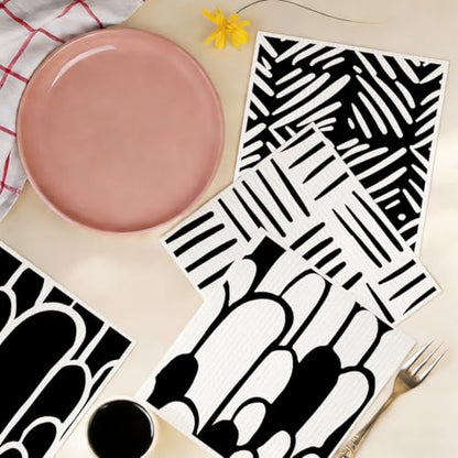 6 Pack Swedish Dishcloths Black White Geometric Kitchen Towels 06 - color: Multi 1532