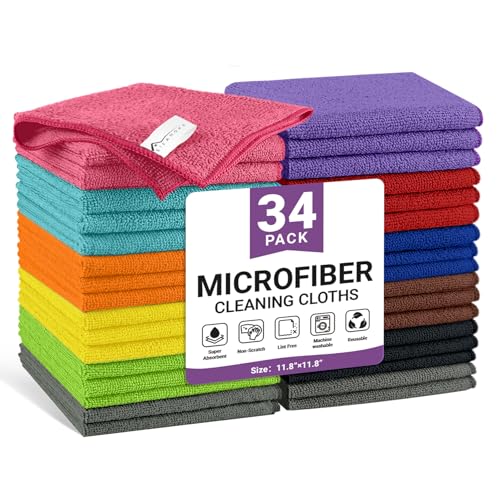 34 Pack Microfiber Cleaning Cloth, 11 Assorted Colors Cleaning Rags for Housekeeping, Colorful Reusable Microfiber Towels for Car, Kitchen, Bathroom and Household Cleaning Supplies, 11.8"X11.8" - color: E.11 Assorted Colors, size: 1 Count (Pack of 34)