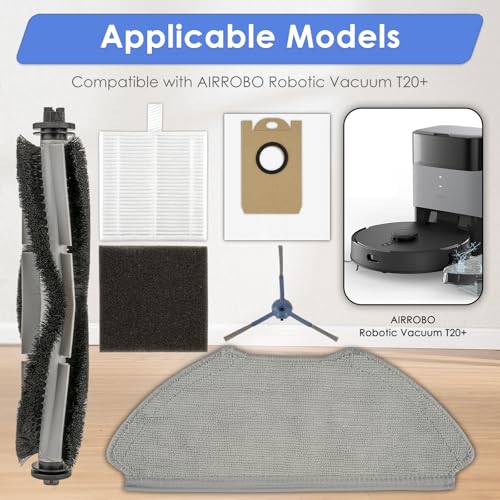 (9 Pack) T20+ Replacement Parts Compatible with Airrobo T20+/ T25+/ T30+/ T25+C/ GT21 Robot Vacuum Cleaner, 1 Roller Brush, 2 Side Brushes, 2 Dust Bags, 2 HEPA Filters, 2 Mop Pads, Accessories Kit - color: T20+ Accessories Kit(9 Pieces)