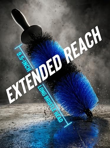 TAKAVU Wheel & Tire Brush, Long Soft Bristle, Easy Reach for Rims (Blue) - color: Blue & Black