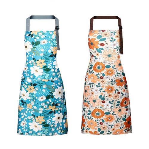 Floral Apron Women, 2 Pack Aprons for Women with Pockets, Waterproof Kitchen Apron Aprons for Cooking, Baking - color: Blue Yellow