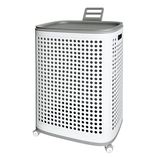Rolling Plastic Laundry Basket with Lid, Ventilated, White (2-Pack, Large) - size: Large (2-Pack)