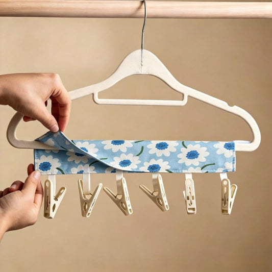 1pc Floral Print Foldable Travel Hanger Portable Fabric Clothes Drying Rack with 6 Clips Space Saving Hanging Dry Rack - color: Light Blue