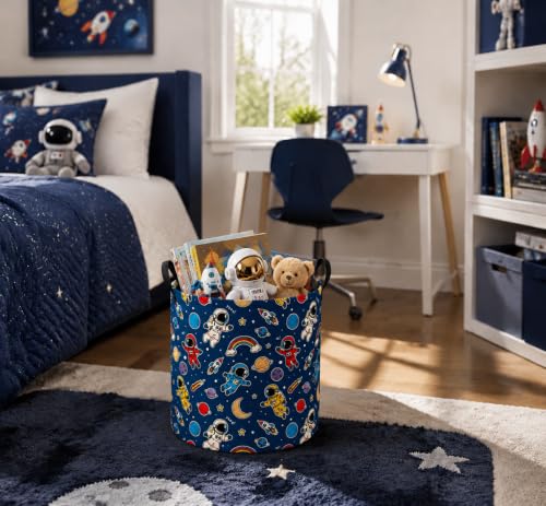 MAIZMZ Kids Storage Bin Astronaut Space Hamper,15.7" D x 19.7" H Waterproof Linen Laundry Basket with Leather Handles for Boys Room, Gifts - color: astronaut space