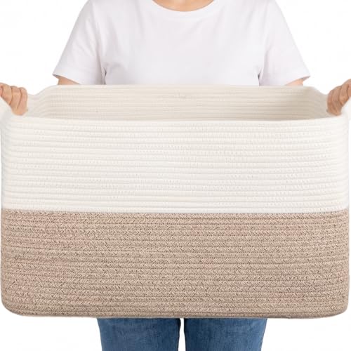 OIAHOMY Woven Storage Basket, Large Baskets for Organizing Brown & White - color: Brown & White, size: 20"x16"x12"