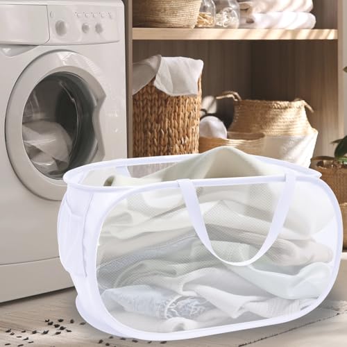 Collapsible Laundry Hamper Basket,Pop Up Mesh Foldable Bag for Laundry Room - color: White