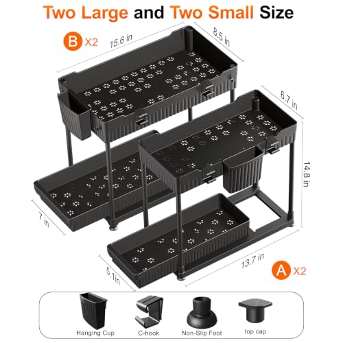 Sevenblue 4-Pack 2-Tier Under Sink Organizer with Pull Out Drawers - color: Black, size: 14.8 Inch