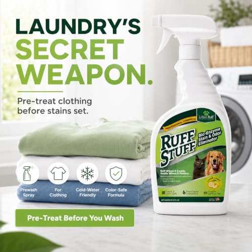 RUFF STUFF Max-Strength Bioenzyme Cleaner, Pet Stain & Odor Eliminator, Laundry Stain Remover Spray for Clothes, Dog Urine Carpet & Upholstery Cleaner, Lemon Scent, 32 Fl Oz