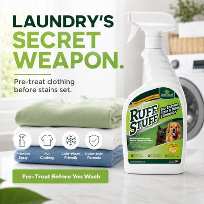 RUFF STUFF Max-Strength Bioenzyme Cleaner, Pet Stain & Odor Eliminator, Laundry Stain Remover Spray for Clothes, Dog Urine Carpet & Upholstery Cleaner, Lemon Scent, 32 Fl Oz