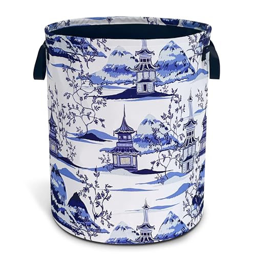 Blue White Porcelain Chinoiserie Laundry Basket Oxford Cloth 18.9x16.5 Inch - color: Blue White Porcelain Chinoiserie