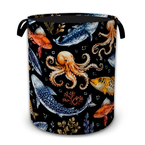 Ocean Fish Octopus Decorative Laundry Hamper, Tall Foldable Oxford Clothes Basket with Handles, Lightweight Dirty Clothes Holder for Bedroom Bathroom Laundry Room - color: Ocean Fish Octopus