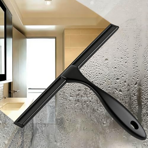 Shower Squeegee, 10 inch Stainless Steel Bathroom Cleaner Tool, All-Purpose Black Window Mirror Glass Door Squeegee with Hook for Household, Tile Wall, Ca