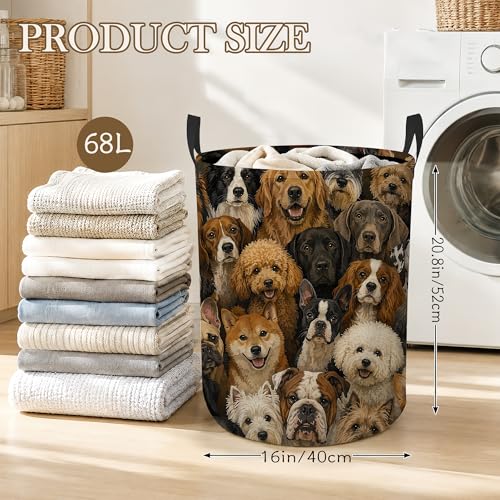 Laundry Hamper, Retro Dog Collapsible Cute Dog Laundry Baskets Waterproof Oxford Cloth With Handles, Clothes Storage Bucket For Bathroom/Bedroom 16" x 20.8" - color: Retro Dog