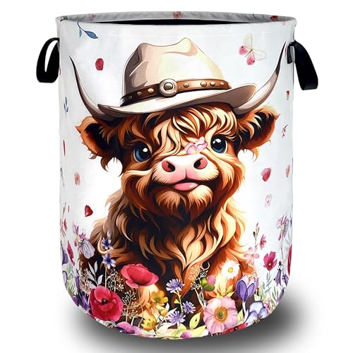 Cute Highland Cow Laundry Basket Foldable Oxford Cloth Cows Animal Laundry Hamper With Handle Clothes Storage Organizer Basket 18.9"x16.5" Storage Bag For Laundry Room/Bathroom/Bedroom/Dormitories - color: Cute Highland Cow With Floral