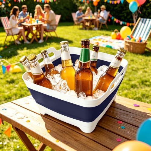 FOSJGO Collapsible Dish Basin with Drain Plug, Foldable Sink, 2.4 Gal (9L) - color: Navy blue