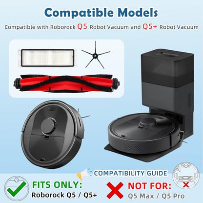 VIEWALL 20Pcs Q5 Replacement Accessories Kit Compatible with Roborock Q5 / Q5+ Plus Robot Vacuum, 2 Main Brushes, 8 HEPA Filters, 8 Side Brushes, 1 Cleaning Tool, 1 Screwdriver, Black, VW-Q5-RP-20P