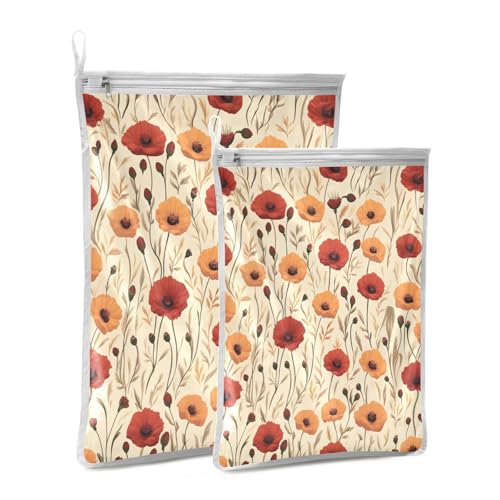 Mesh Laundry Bags Lingerie Bags for Washing Delicates 2 PCS Durable Wash Bag with Zipper Small and Medium Washable Cute Poppy Flowers Beige - color: Cute Poppy Flowers Beige