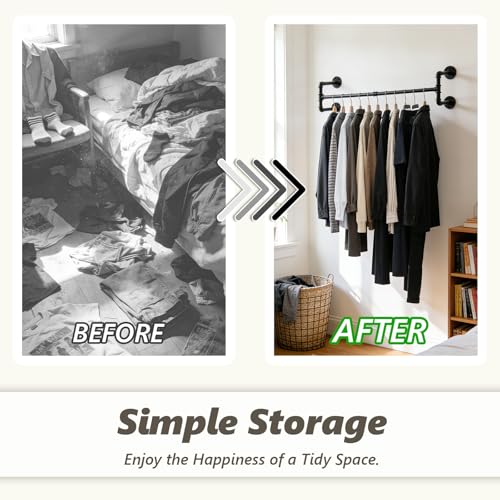 Industrial Pipe Clothing Rack, 32.6 Inch Wall Mounted Garment Rack, Space-Saving Heavy Duty Hanging Closet Rod, Detachable Iron Hanger for Closet and Laundry Room, 4 Bases - size: 32.6 Inches