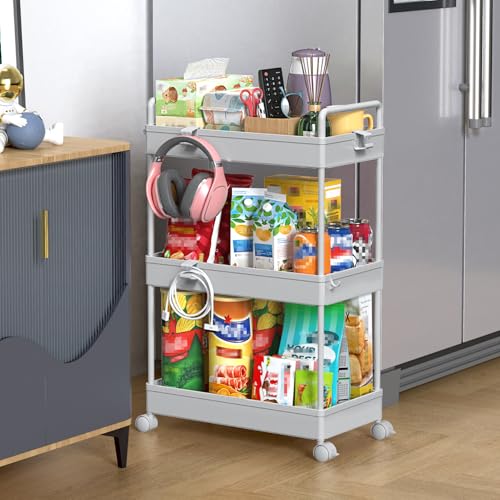 SOLEJAZZ 3 Tier Slim Rolling Storage Cart Organizer with Wheels, Gray - color: Grey, size: 3-Tier, 8.66"D