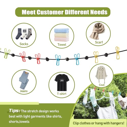 2 Pack Portable Travel Clothesline with 12 Clothespins, Retractable Portable Clothesline for Camping, RV, Backpacking,Hotel Set 2 D Ring Carabiner Clip，Can extends to 11ft, Storage Bag Included.