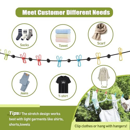 2 Pack Portable Travel Clothesline with 12 Clothespins, Retractable Portable Clothesline for Camping, RV, Backpacking,Hotel Set 2 D Ring Carabiner Clip，Can extends to 11ft, Storage Bag Included.